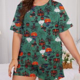 Plus Size Women Halloween Printed Short Sleeve Top Shorts Two-piece Set