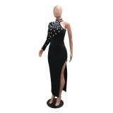 Women Round Neck Beaded Slit Solid Dress