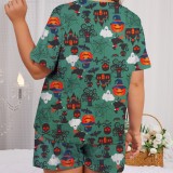 Plus Size Women Halloween Printed Short Sleeve Top Shorts Two-piece Set