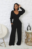 Women Stretch Ribbed Long Sleeve Top and Jumpsuit Two-piece Set