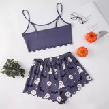 Halloween Women Halloween Printed Ghost Print Suspender Top and Shorts Two-piece Set