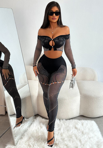 Women solid off shoulder mesh long-sleeved crop top and trousers two-piece set