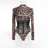 Women Long Sleeve Leopard Print Sexy Patchwork Mesh Bodysuit