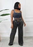 Women Loose Print Elastic Pocket Casual Wide Leg Pants