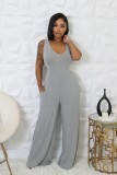 Women Stretch Ribbed Long Sleeve Top and Jumpsuit Two-piece Set