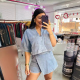 Women Casual Denim Polo Short Sleeve Shirt Irregular Skirt Pants Two-piece Set