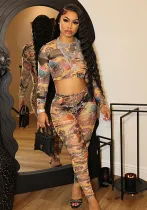 Women Sexy Print See-Through Mesh long-sleeved top and pant two-piece set