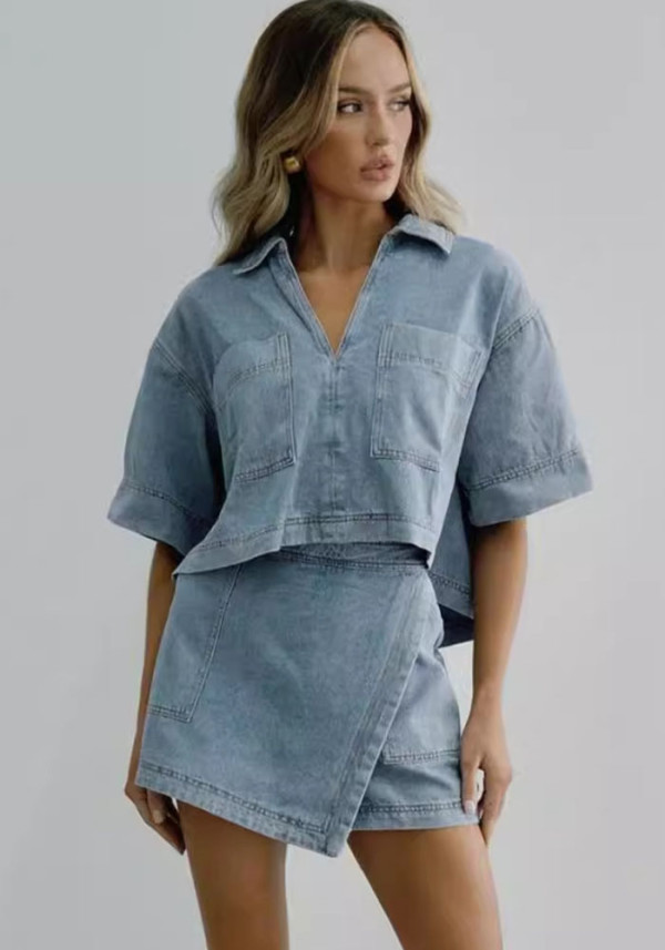 Women Casual Denim Polo Short Sleeve Shirt Irregular Skirt Pants Two-piece Set