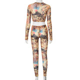 Women Sexy Print See-Through Mesh long-sleeved top and pant two-piece set