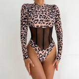 Women Long Sleeve Leopard Print Sexy Patchwork Mesh Bodysuit