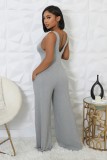 Women Stretch Ribbed Long Sleeve Top and Jumpsuit Two-piece Set