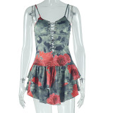 Women Printed Ruffle Sleeveless Sexy Suspender Backless Dress