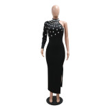 Women Round Neck Beaded Slit Solid Dress