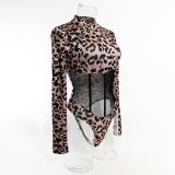 Women Long Sleeve Leopard Print Sexy Patchwork Mesh Bodysuit