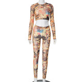 Women Sexy Print See-Through Mesh long-sleeved top and pant two-piece set