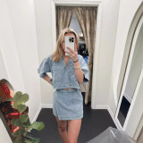 Women Casual Denim Polo Short Sleeve Shirt Irregular Skirt Pants Two-piece Set