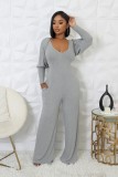 Women Stretch Ribbed Long Sleeve Top and Jumpsuit Two-piece Set