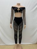 Women solid off shoulder mesh long-sleeved crop top and trousers two-piece set