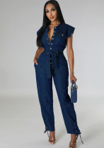 Women's Solid Color Denim Pocket Belt Casual Jumpsuit