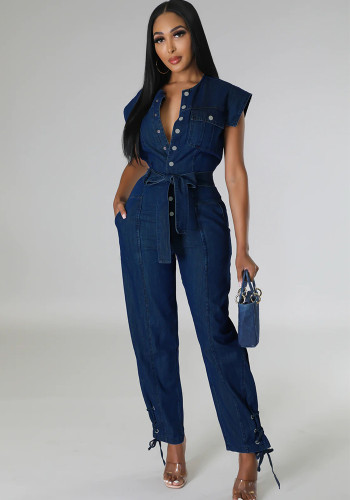 Women's Solid Color Denim Pocket Belt Casual Jumpsuit