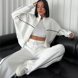 Casual Tracksuit Long Sleeve Turtleneck Zipper Long Sleeve Sports Top Striped Trousers
