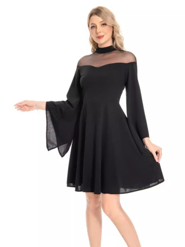 Women Half Turtle Collar See-Through Long Sleeve Dress