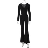Women's Autumn Fashion Sexy Hollow Slim Hooded Long Sleeve Flare Jumpsuit