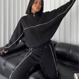 Casual Tracksuit Long Sleeve Turtleneck Zipper Long Sleeve Sports Top Striped Trousers