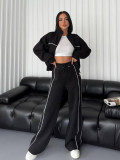 Casual Tracksuit Long Sleeve Turtleneck Zipper Long Sleeve Sports Top Striped Trousers