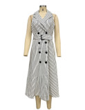 Spring Women's Fashion Chic Striped Sleeveless Turndown Collar A-Line Dress