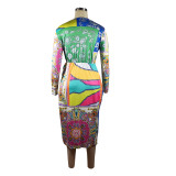 Women's Random Print V-Neck Belt Long Sleeve Midi Dress