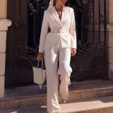 Autumn And Winter Fashion Casual Solid Color Blazer Straight Trousers Two Piece Suit For Women