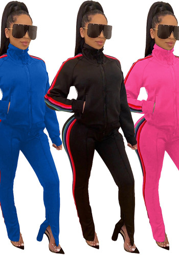 Fashion High Collar Stripe Casual Sports Suit Autumn And Winter Tracksuit