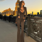 Women's Autumn Fashion Sexy Hollow Slim Hooded Long Sleeve Flare Jumpsuit