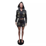 Denim Suit Stretch Denim Hooded Jacket Skirt Two Piece Set
