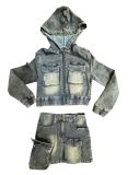 Denim Suit Stretch Denim Hooded Jacket Skirt Two Piece Set