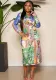 Women's Random Print V-Neck Belt Long Sleeve Midi Dress