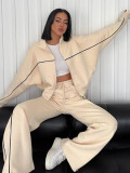 Casual Tracksuit Long Sleeve Turtleneck Zipper Long Sleeve Sports Top Striped Trousers