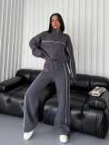 Casual Tracksuit Long Sleeve Turtleneck Zipper Long Sleeve Sports Top Striped Trousers