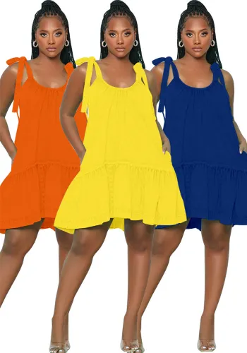 Sexy Women's Solid Color U-Neck Adjustable Strap A-Line Casual Dress