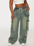 Women street hip-hop loose cargo Denim wide-leg pants