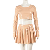 Women Autumn Long Sleeve Round Neck pu-Leather Top and Pleated Skirt Two-piece