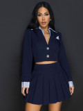 Women Casual Turndown Collar Fake Two-piece Top and Pleated Skirt Two-piece Set