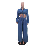 Women Casual Top and wide-leg pants Denim two-piece set