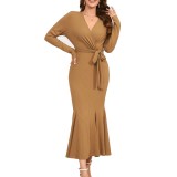 Summer Women long-sleeved waisted v-neck Solid evening dress