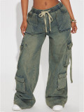 Women street hip-hop loose cargo Denim wide-leg pants