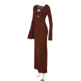 Women autumn U-neck long-sleeved Maxi dress