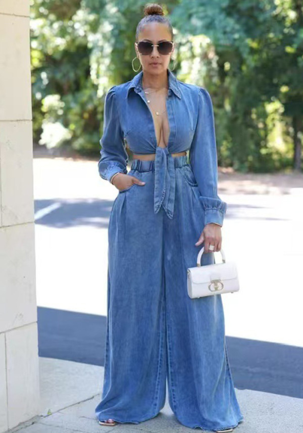 Women Casual Top and wide-leg pants Denim two-piece set