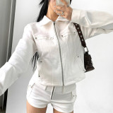 Women Riveted Turndown Collar Zipper Cargo Jacket