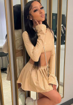Women Autumn Long Sleeve Round Neck pu-Leather Top and Pleated Skirt Two-piece